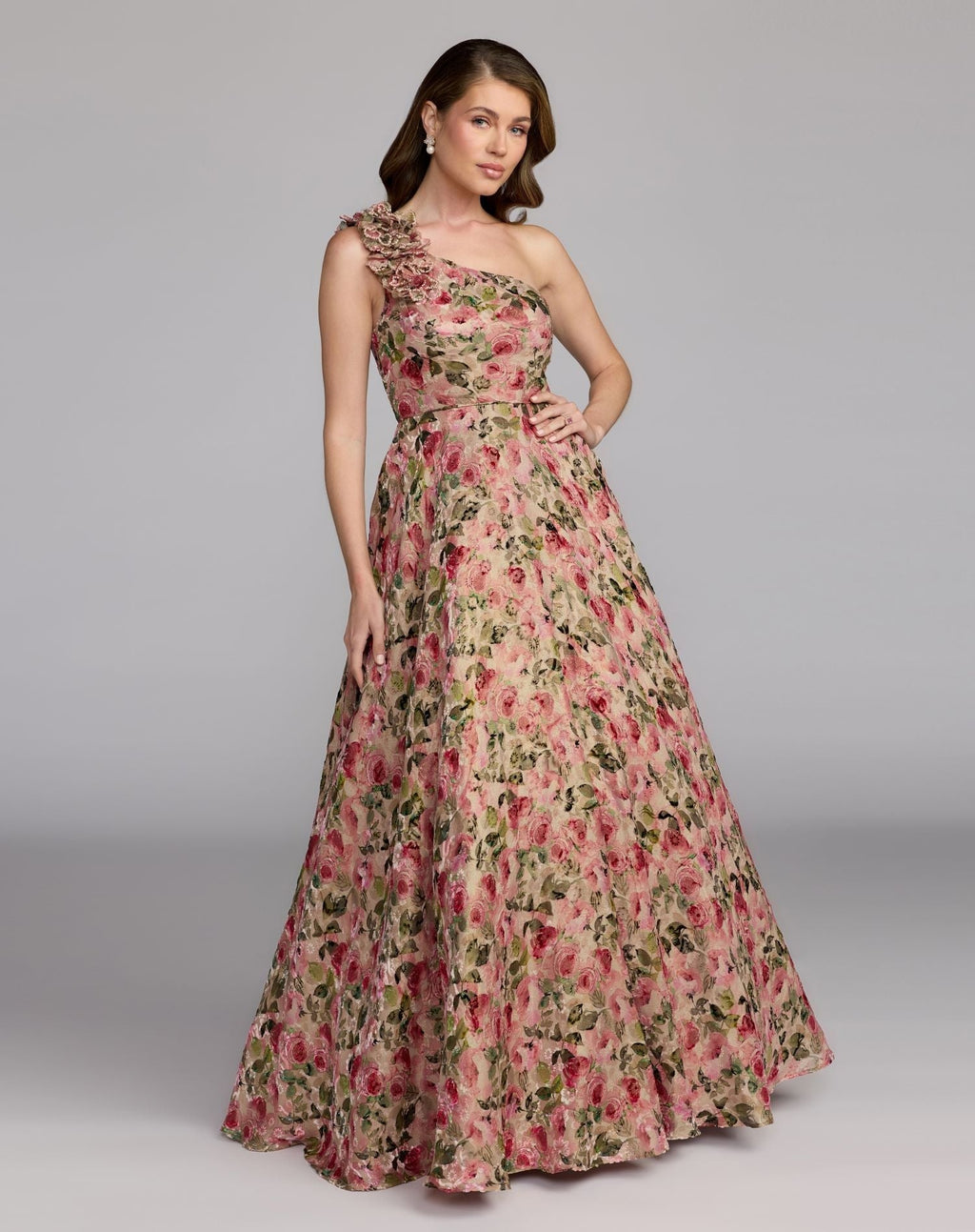 Pink Multi One Shoulder Velvet Floral Ball Gown