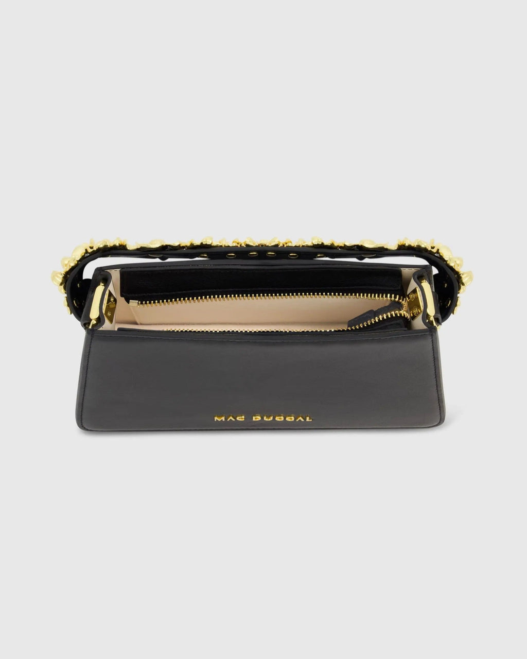Black Small Leather Shoulder Bag with Gold Floral Strap