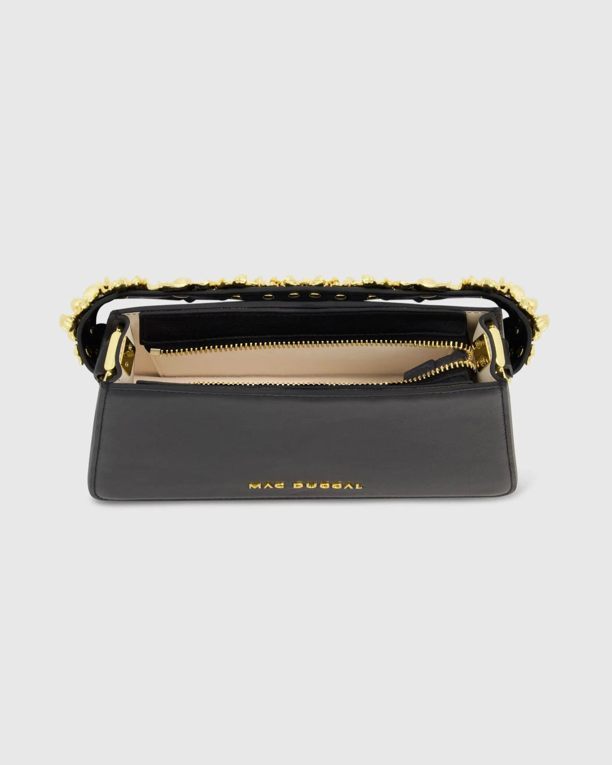 Black Small Leather Shoulder Bag with Gold Floral Strap