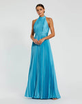 Blue Sleeveless Halter Neck Pleated Satin Gown
