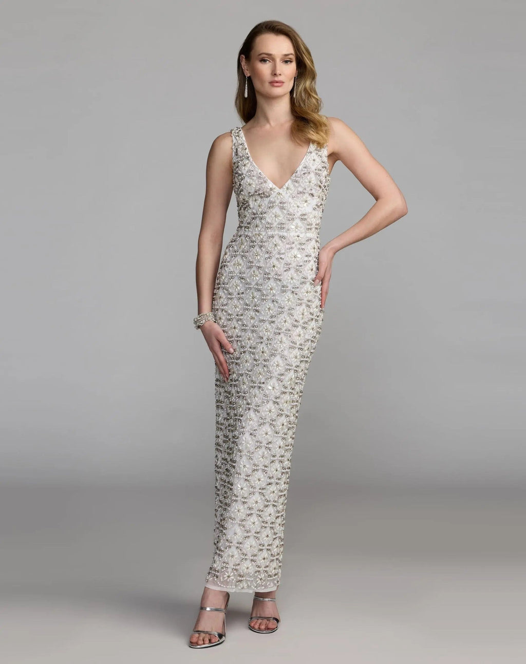 Ivory Pearl Embellished Sleeveless Column Dress