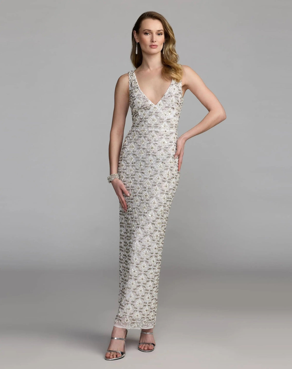 Ivory Pearl Embellished Sleeveless Column Dress
