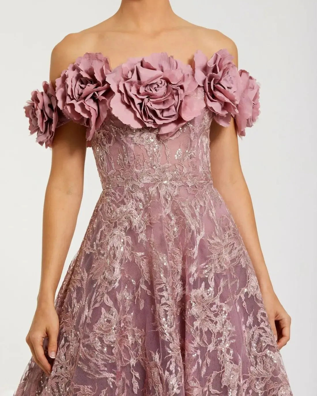 Mauve Off The Shoulder 3D Floral Embroidered A-Line Gown