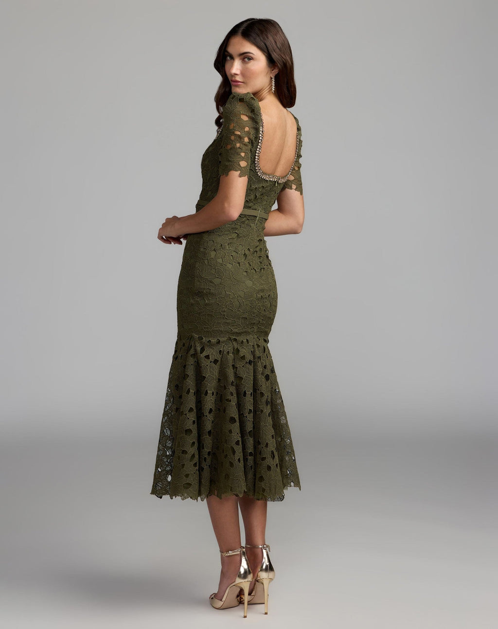 Olive Embellished Square Neck Lace Midi Dress
