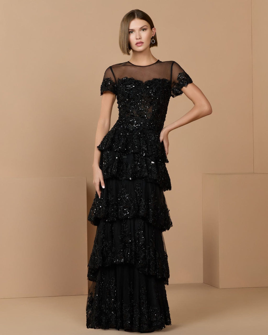 Black Embellished High Neck Gown With Tiered Ruffle Skirt