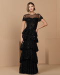 Black Embellished High Neck Gown With Tiered Ruffle Skirt