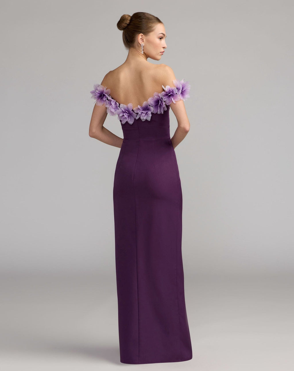 Plum Off The Shoulder Column Gown With 3D Flowers