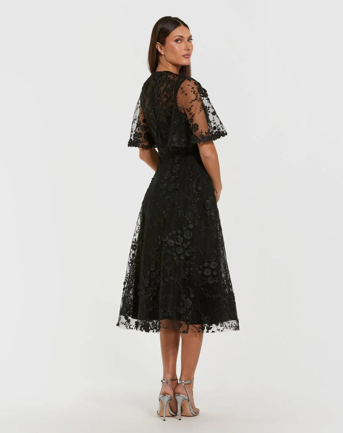 Women's Flutter Sleeve Embroidered Midi Dress