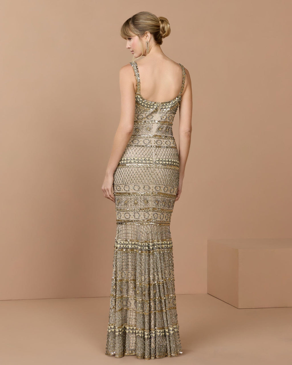Nude Gold Sleeveless Square Neck Beaded Gown