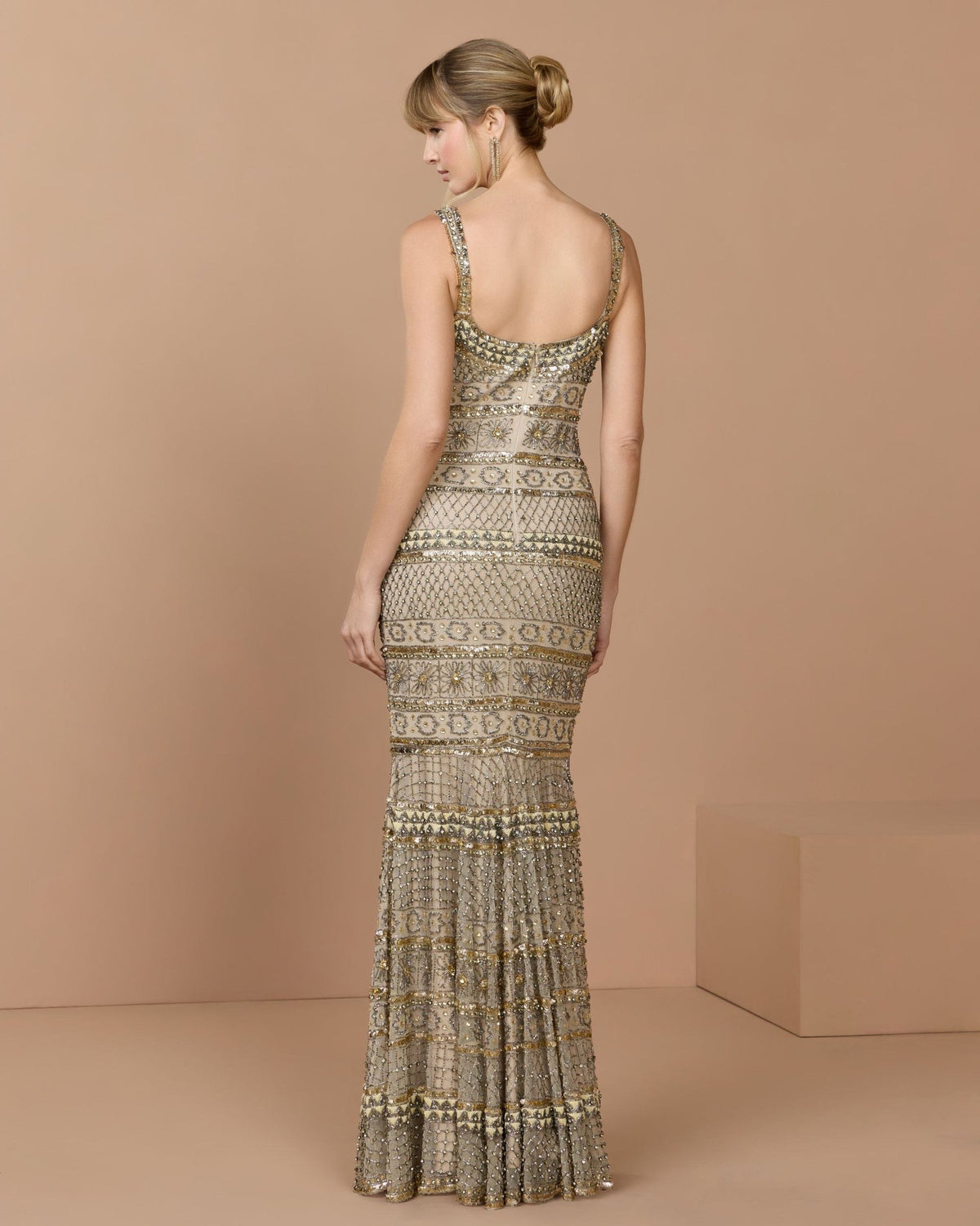 Nude Gold Sleeveless Square Neck Beaded Gown