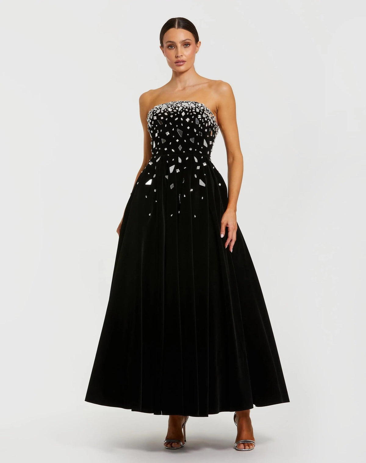 Black Embellished Velvet Strapless A-Line Maxi Dress