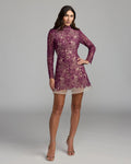 Purple Floral Embroidered Long Sleeve Mini Dress