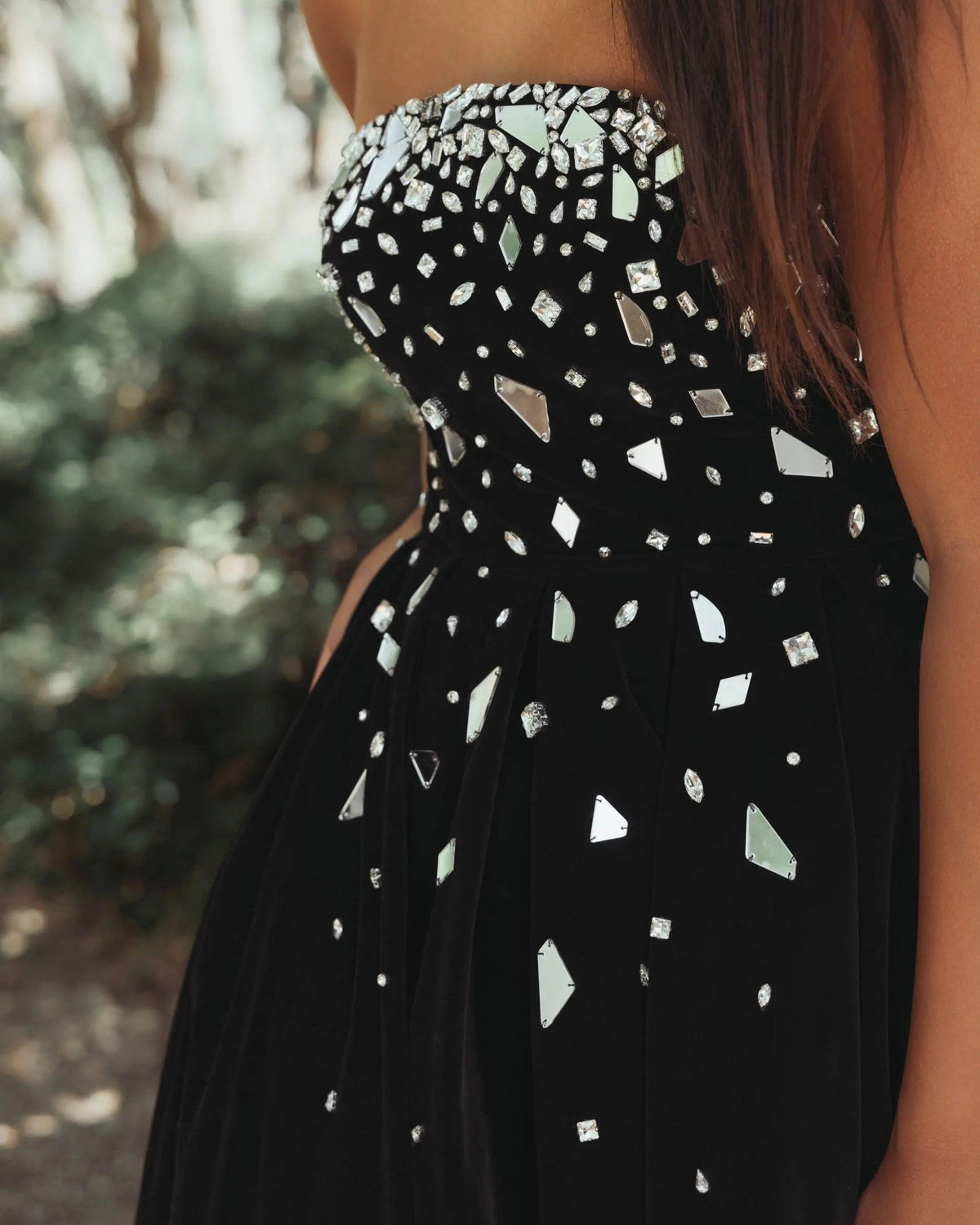 Black Embellished Velvet Strapless A-Line Maxi Dress