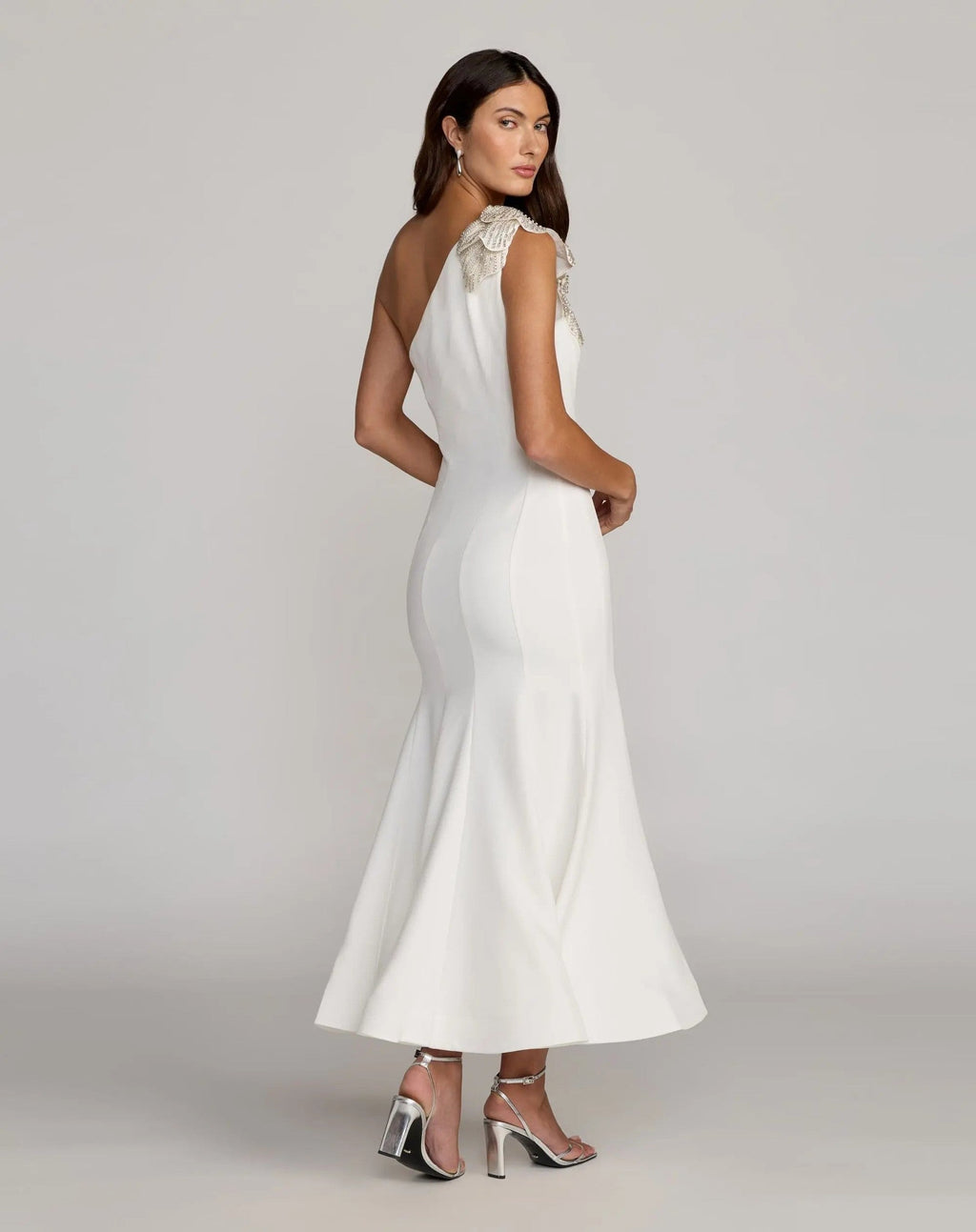 Ivory Crepe One Shoulder Midi Dress With 3D Flower