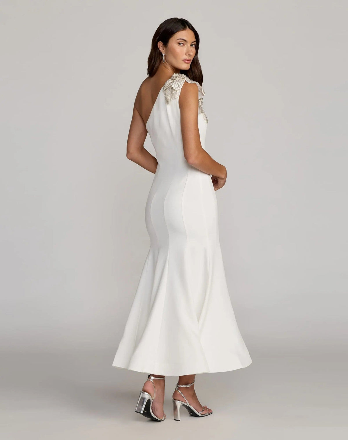 Ivory Crepe One Shoulder Midi Dress With 3D Flower