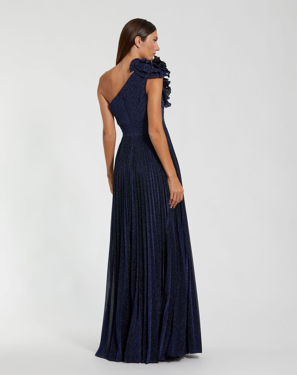 Navy Pleated One Shoulder Ruffle Gown