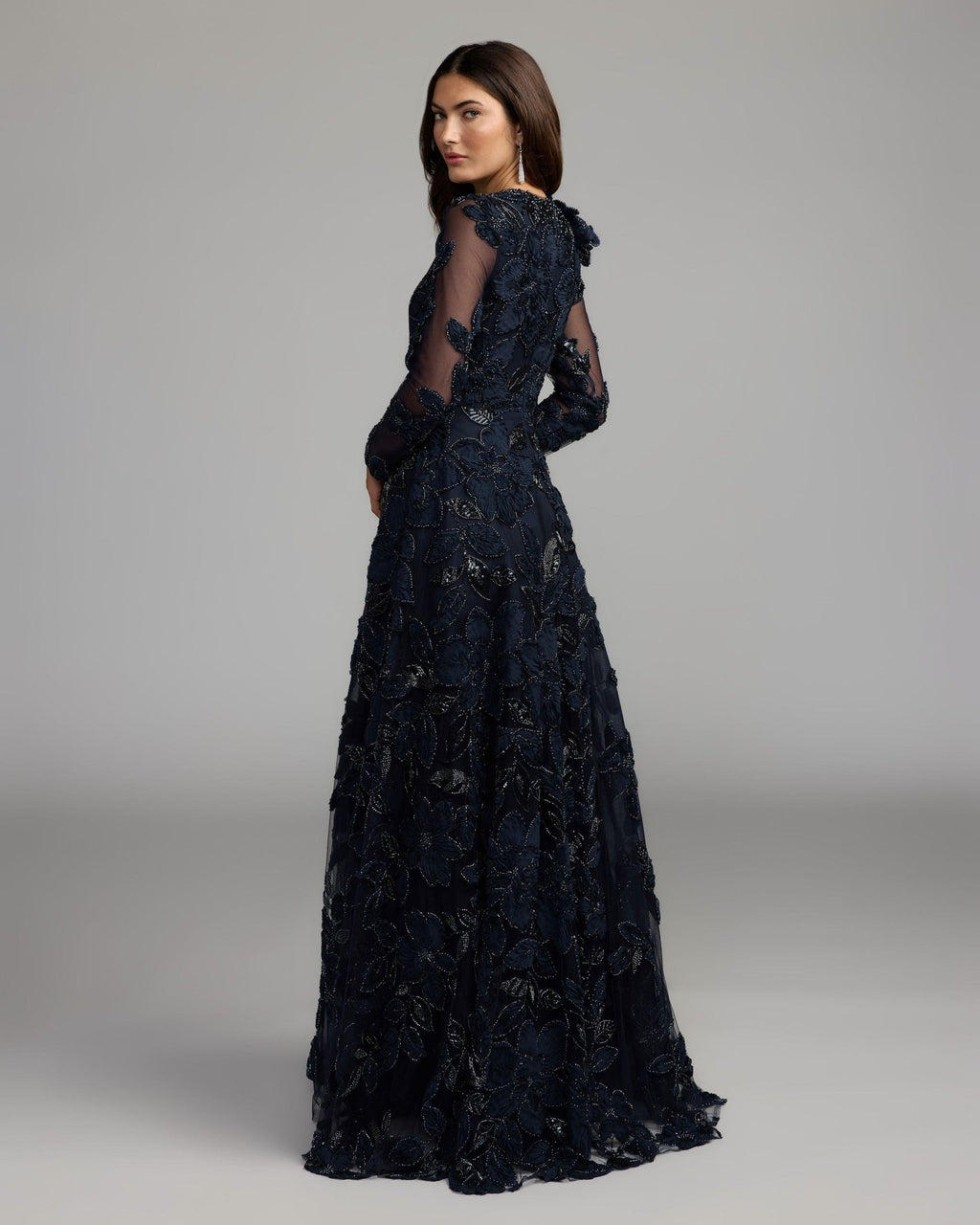 Midnight Floral Embellished Long Sleeve Gown