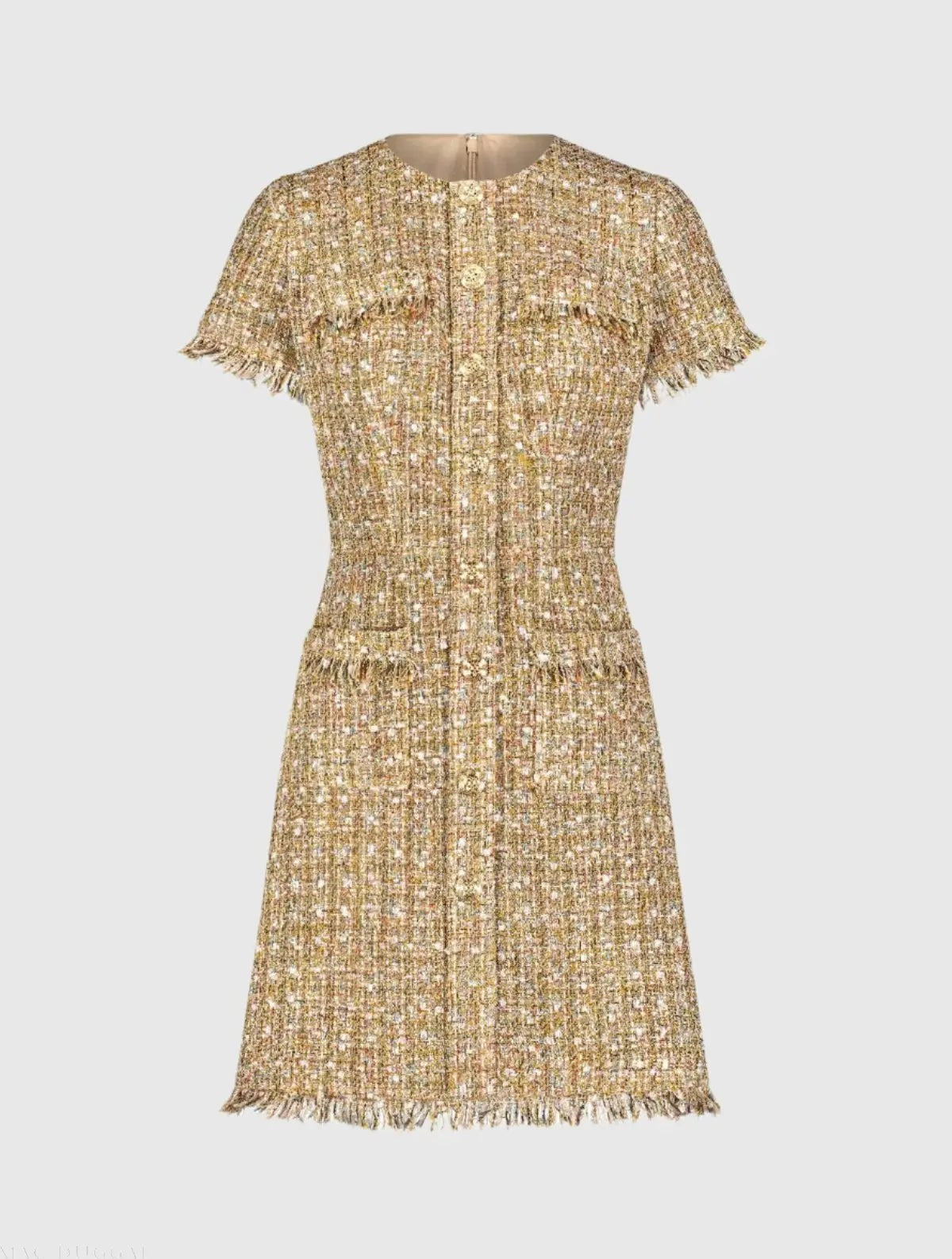 Beige Boucle Short Sleeve Mini Dress With Pockets