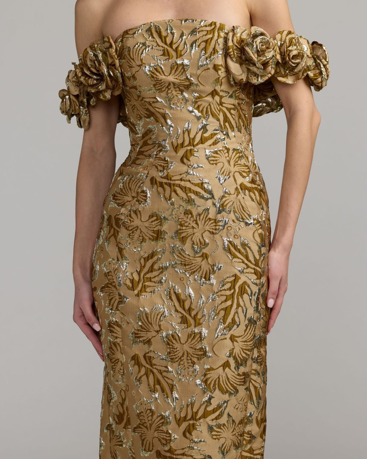 Bronze Multi Off The Shoulder Rosette Column Gown