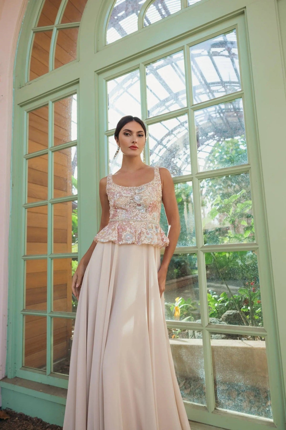 Beige Embroidered Peplum Top With Chiffon Skirt Gown