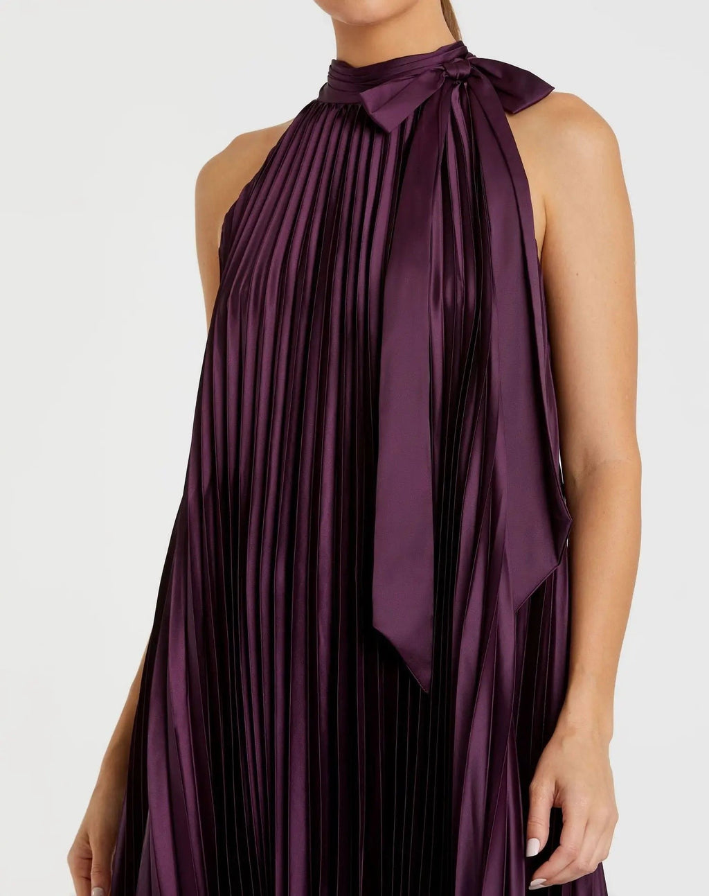 Plum Pleated Halter Neck High Low Gown