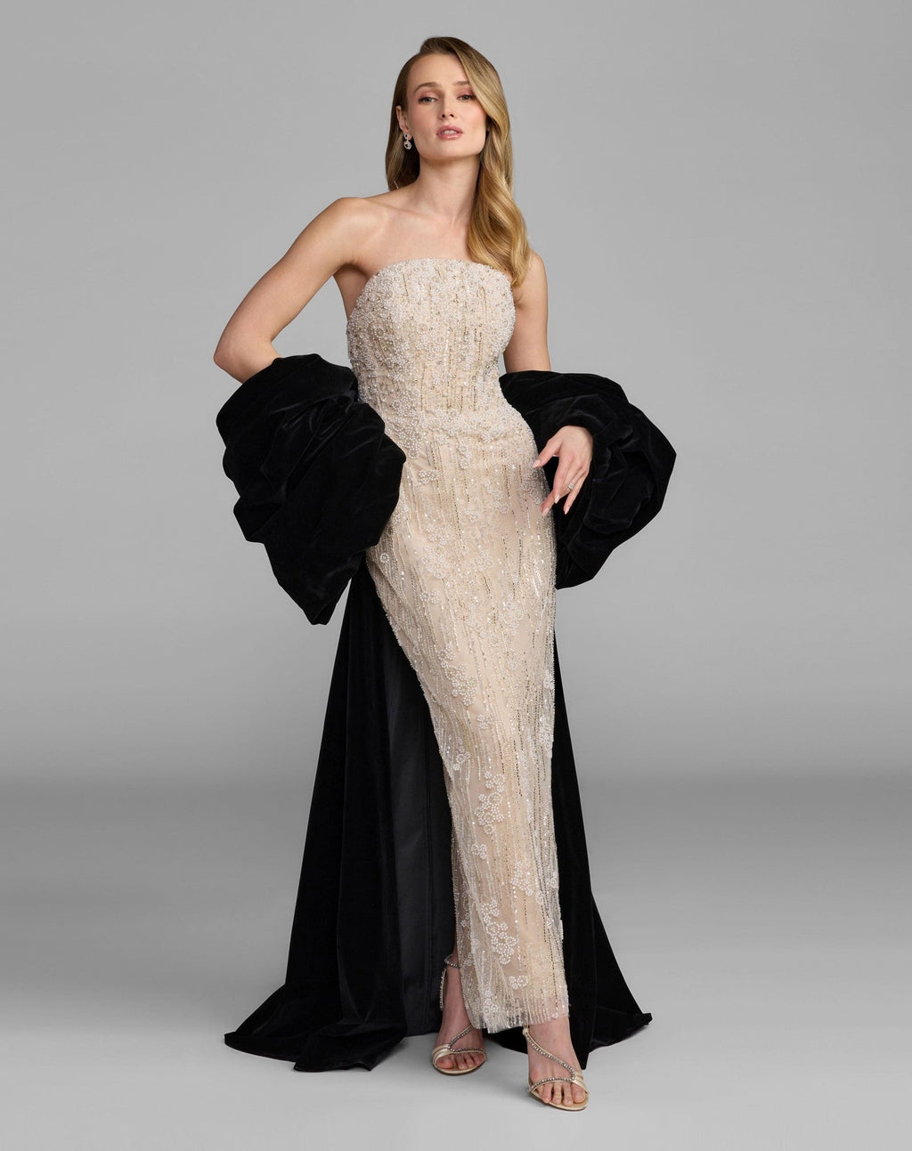 Black Cream Strapless Embellished Dress With Velvet Bow