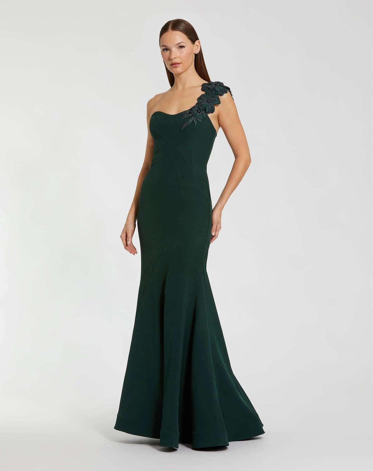 Dark Green One Shoulder Beaded Flower Mermaid Gown
