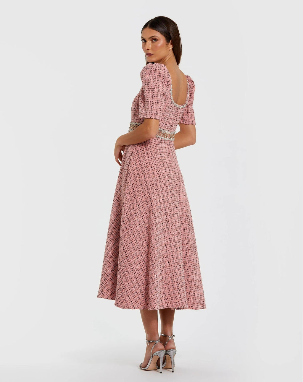 Pink Multi Puff Sleeve Boucle Midi Dress With Beaded Belt