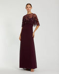 Burgundy Sleeveless Gown With Embellished Cape