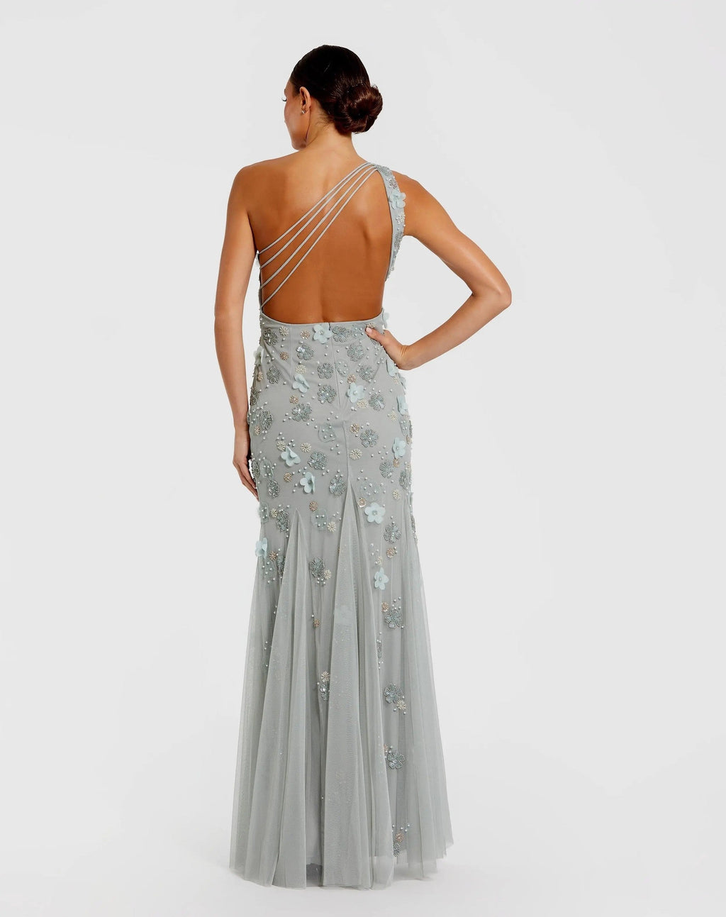 Sage Open Back One Shoulder Embellished Trumpet Gown