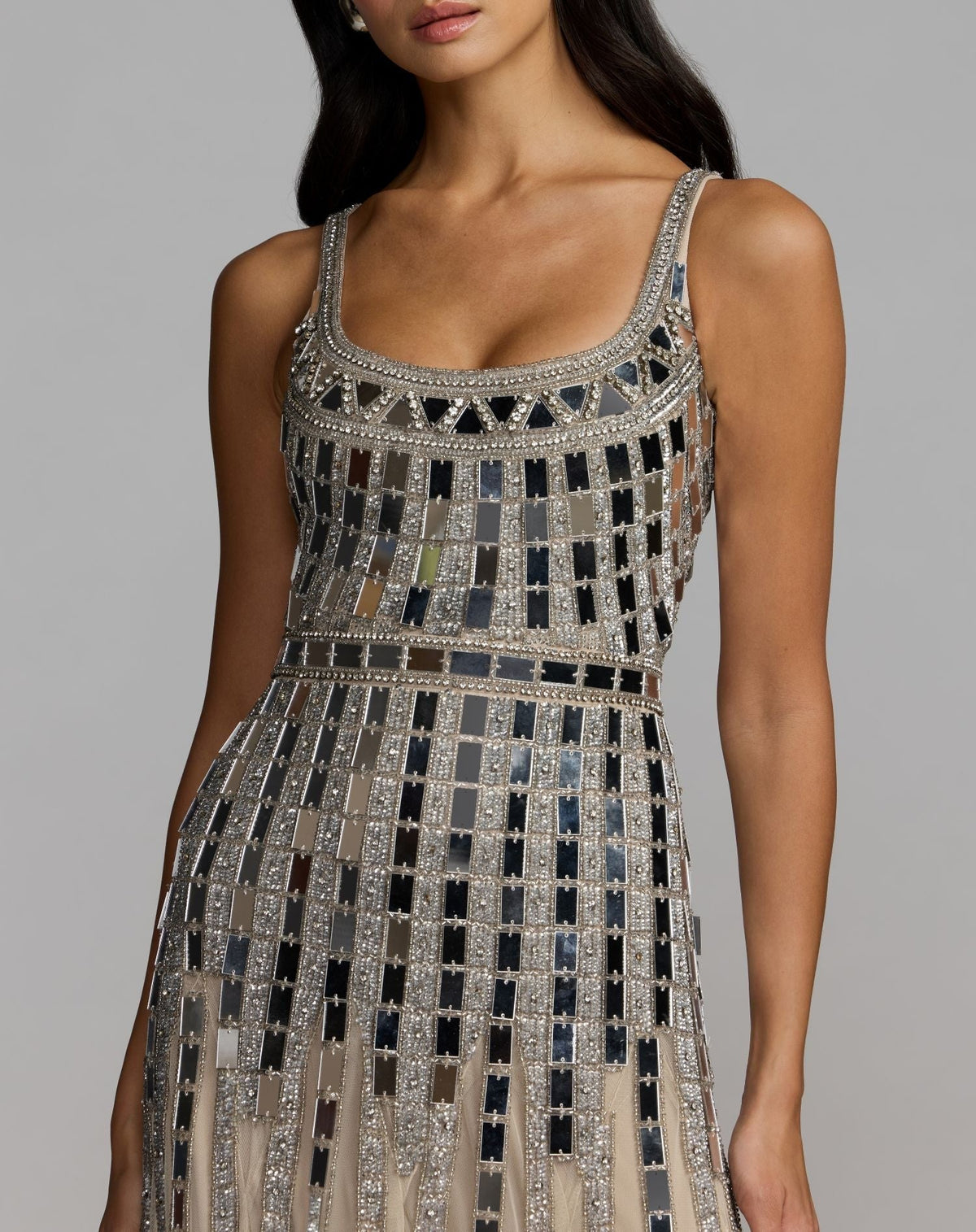 Silver Mirror Embellished Sleeveless Evening Gown