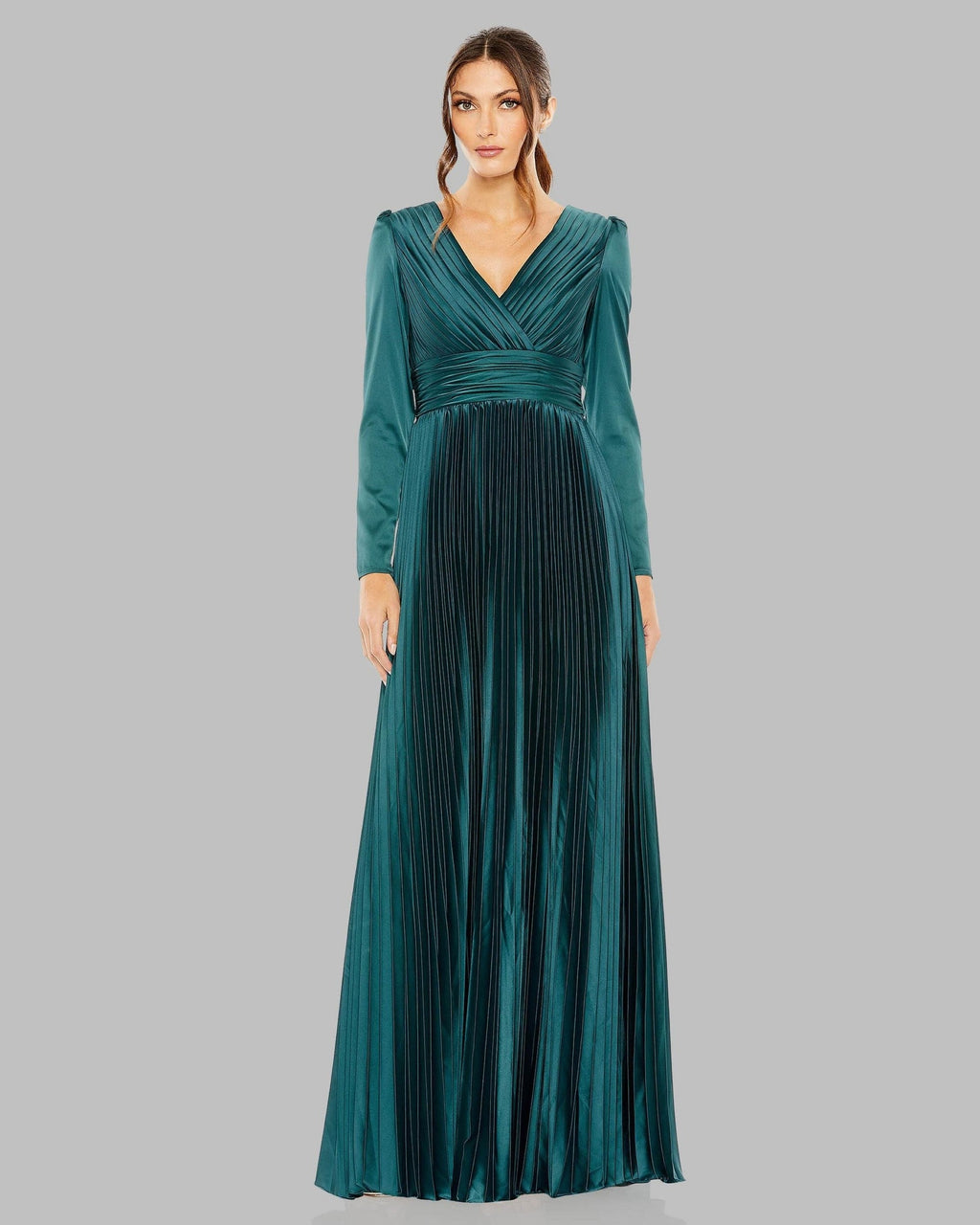 Ocean Pleated Long Sleeve V-Neck Gown