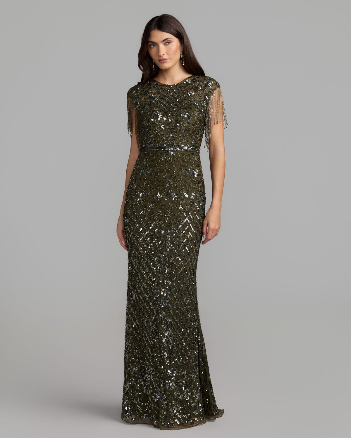 High Neck Sleeveless Beaded Fringe Fitted Gown