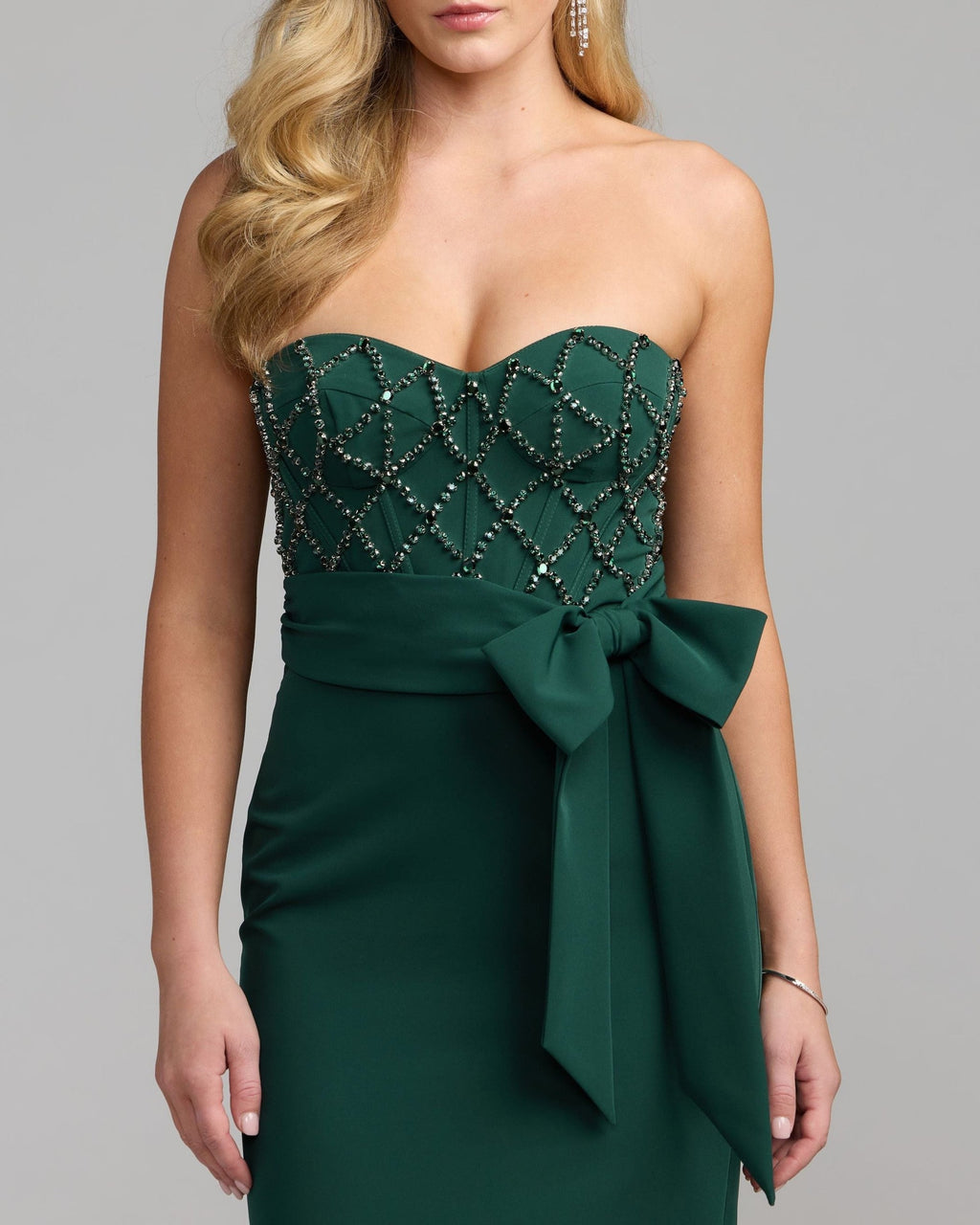 Emerald Strapless Embellished Crepe Gown With Bow