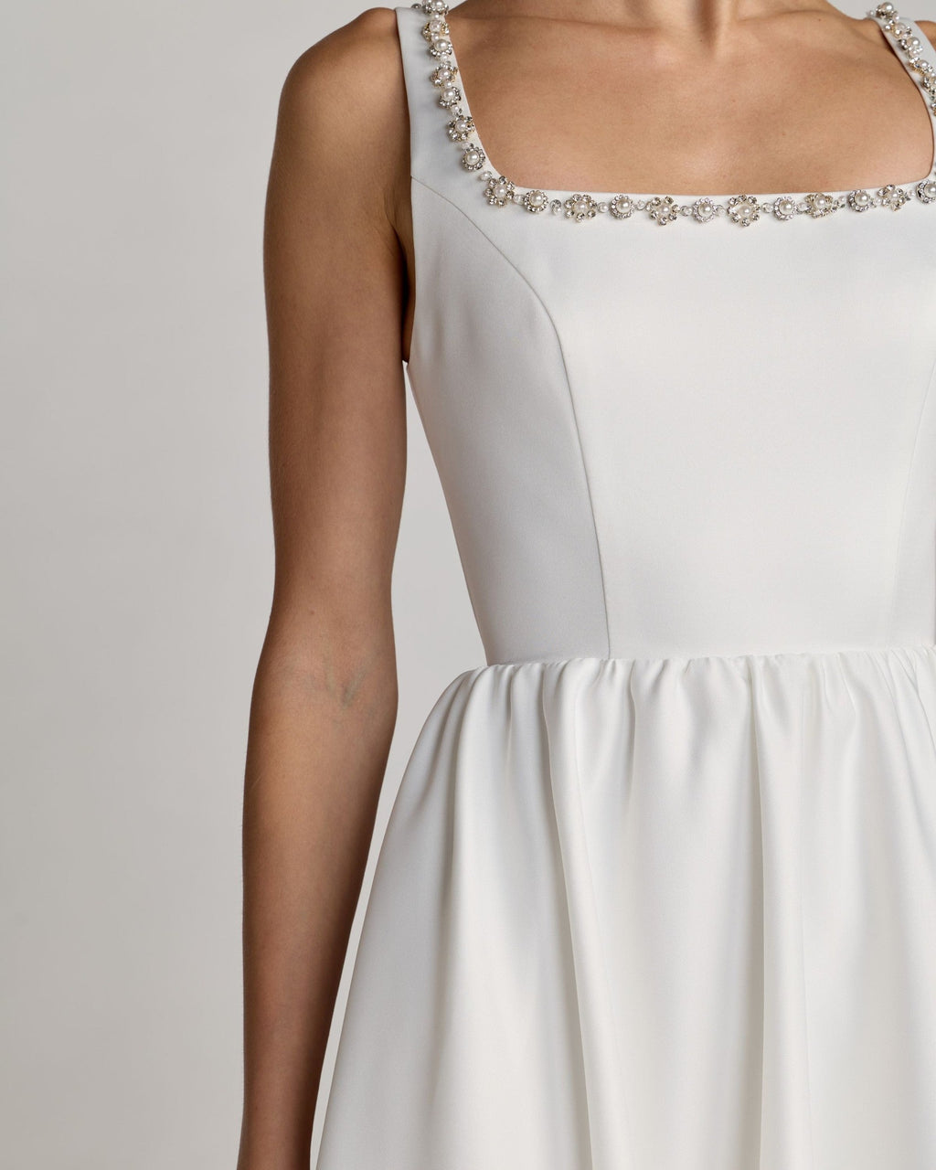 White Embellished Square Neck A-Line Midi Dress