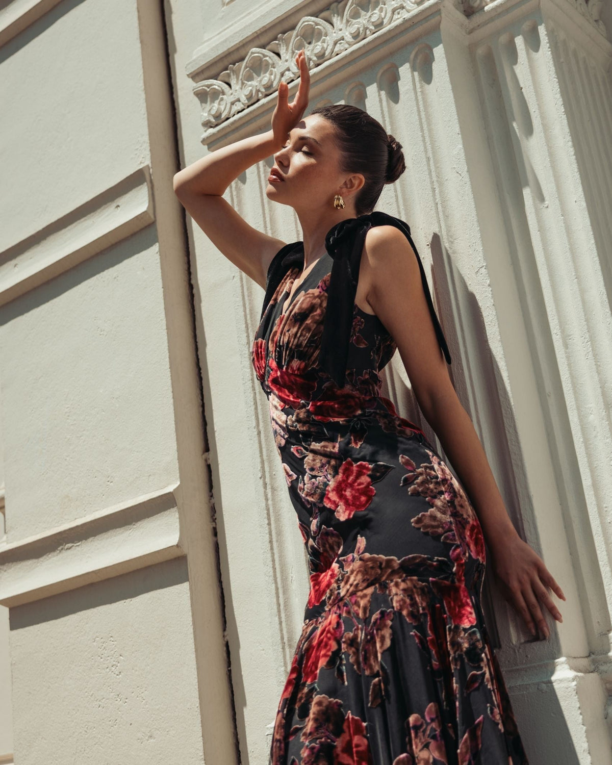 Black Floral Velvet Mermaid Gown With Bows