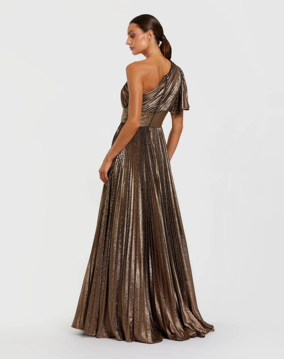 Bronze One Shoulder Pleated Metallic Ball Gown