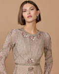 Rose Rhinestone Embellished Long Sleeve A-Line Gown