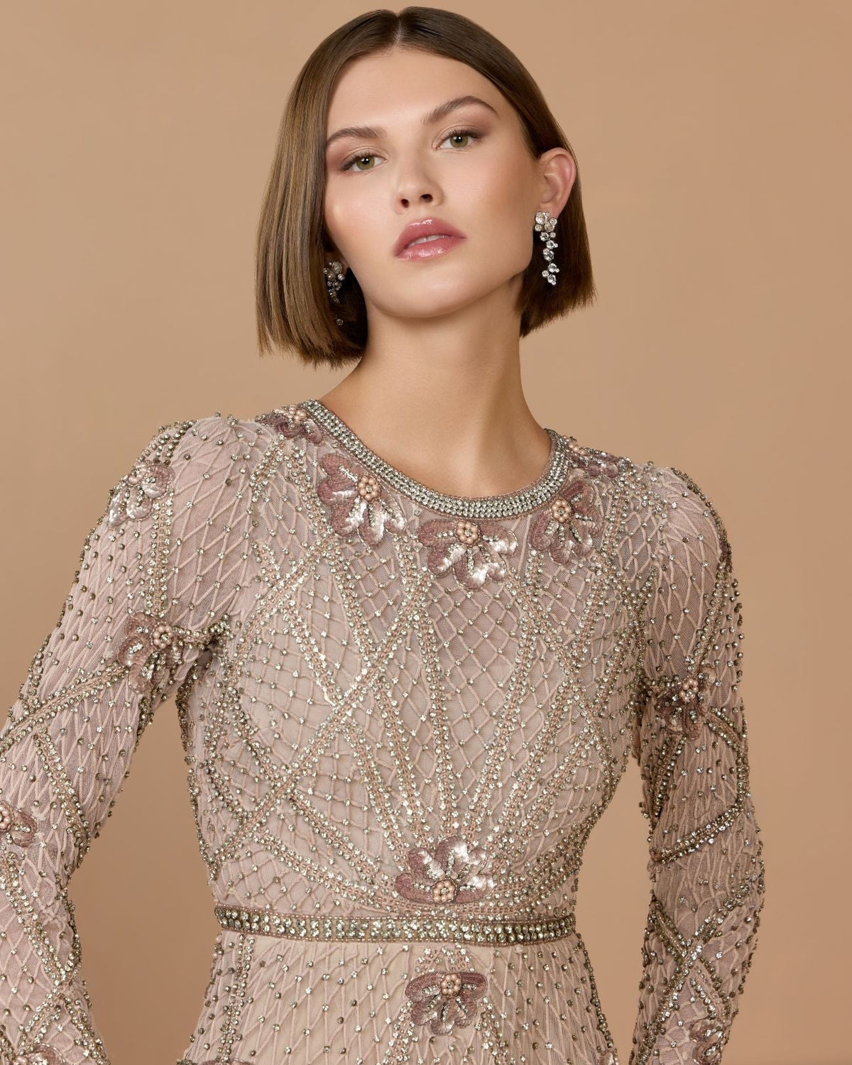 Rose Rhinestone Embellished Long Sleeve A-Line Gown