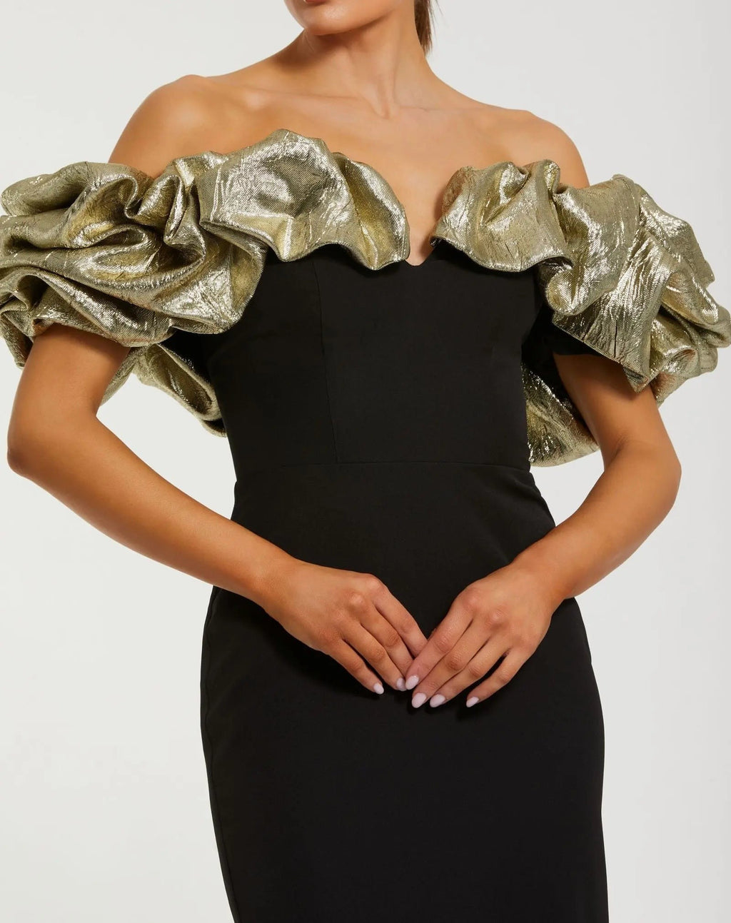 Black Mermaid Gown With Off The Shoulder Ruffle Detail