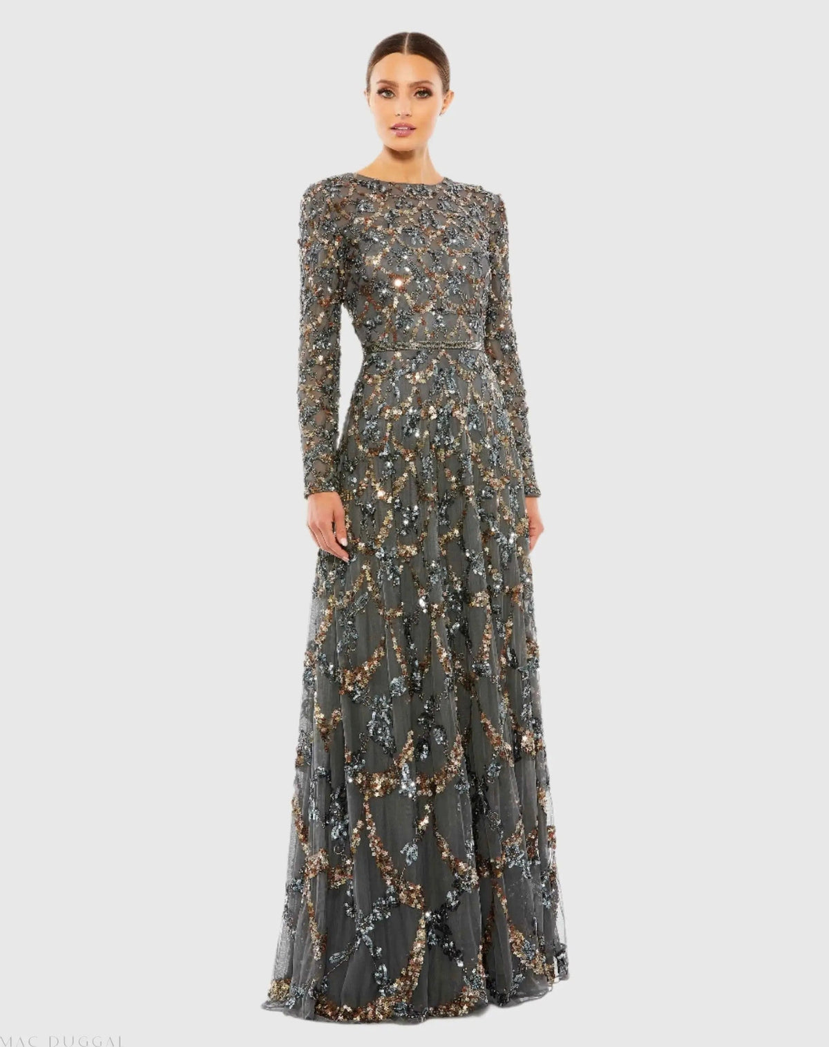 Gray Embellished Illusion High Neck Long Sleeve A Line Gown