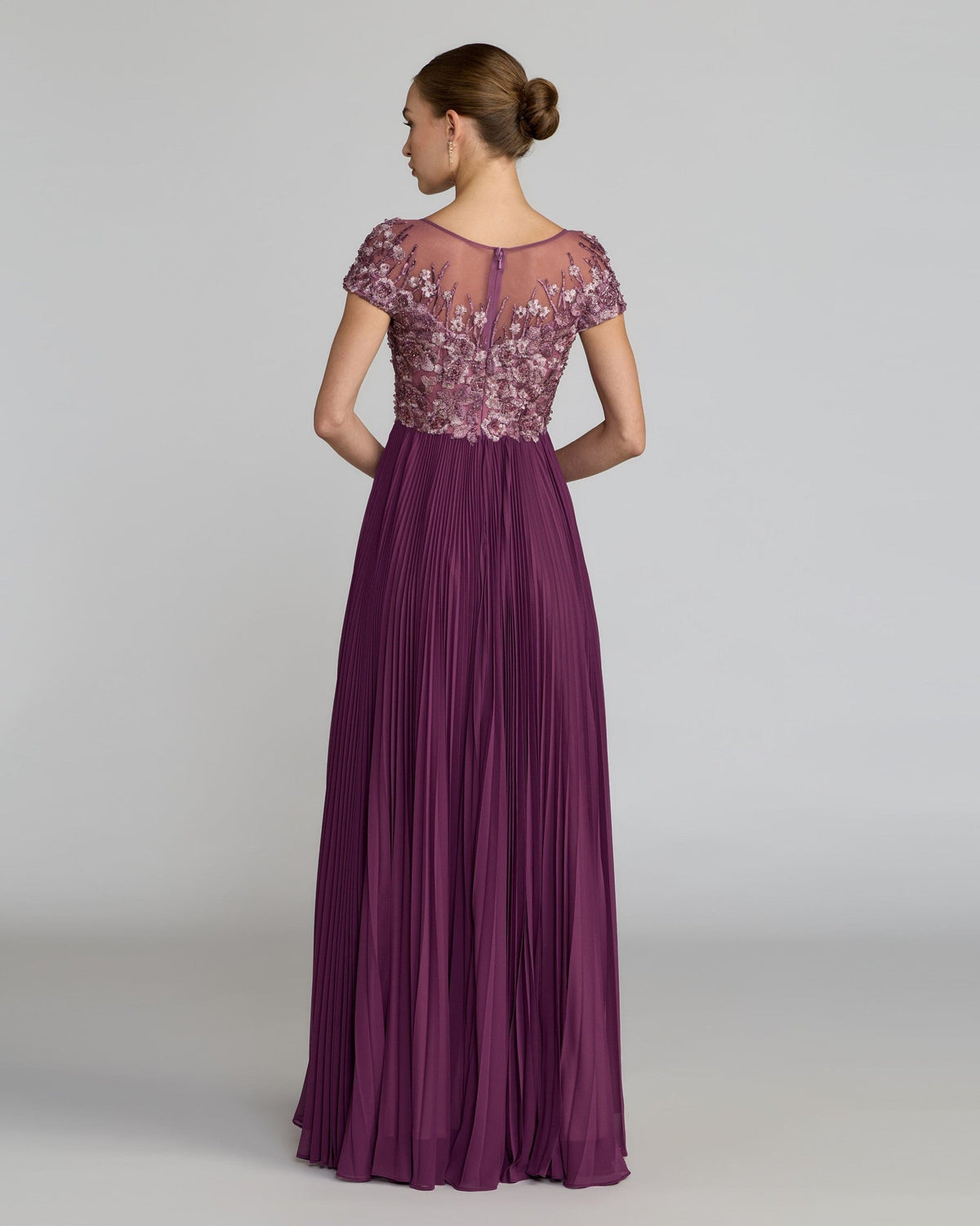 Petite Plum Embroidered Cap Sleeve Pleated Gown