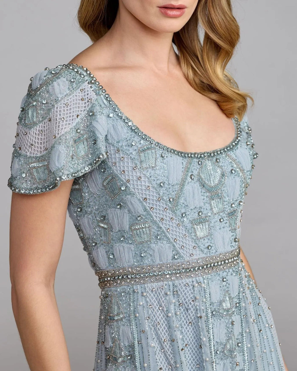 Slate Blue Short Sleeve Scoop Neck Embellished Gown