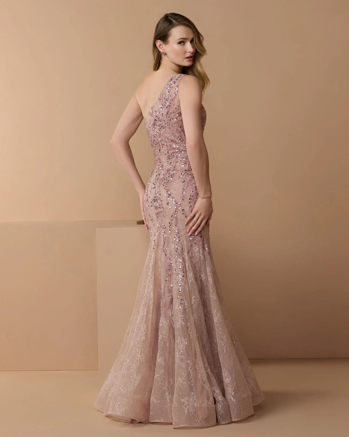 Rose Embellished Lace One Shoulder Mermaid Gown