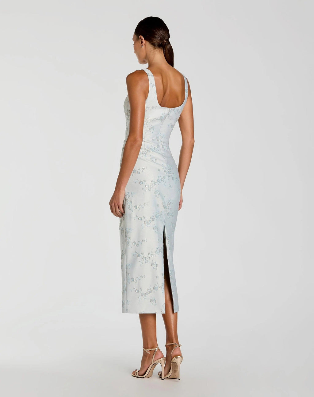 Light Blue Brocade Sleeveless Scoop Neck Midi Dress