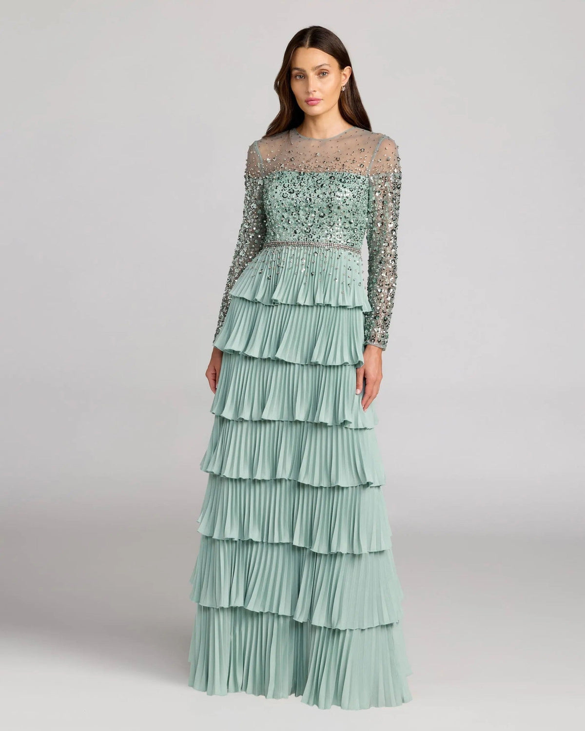Sage Embellished Illusion Long Sleeve Ruffle Gown