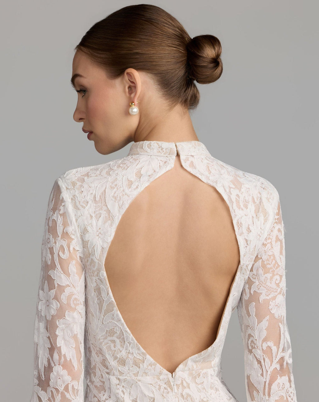 Petite Ivory Nude Mock Neck Long Sleeve Lace Gown