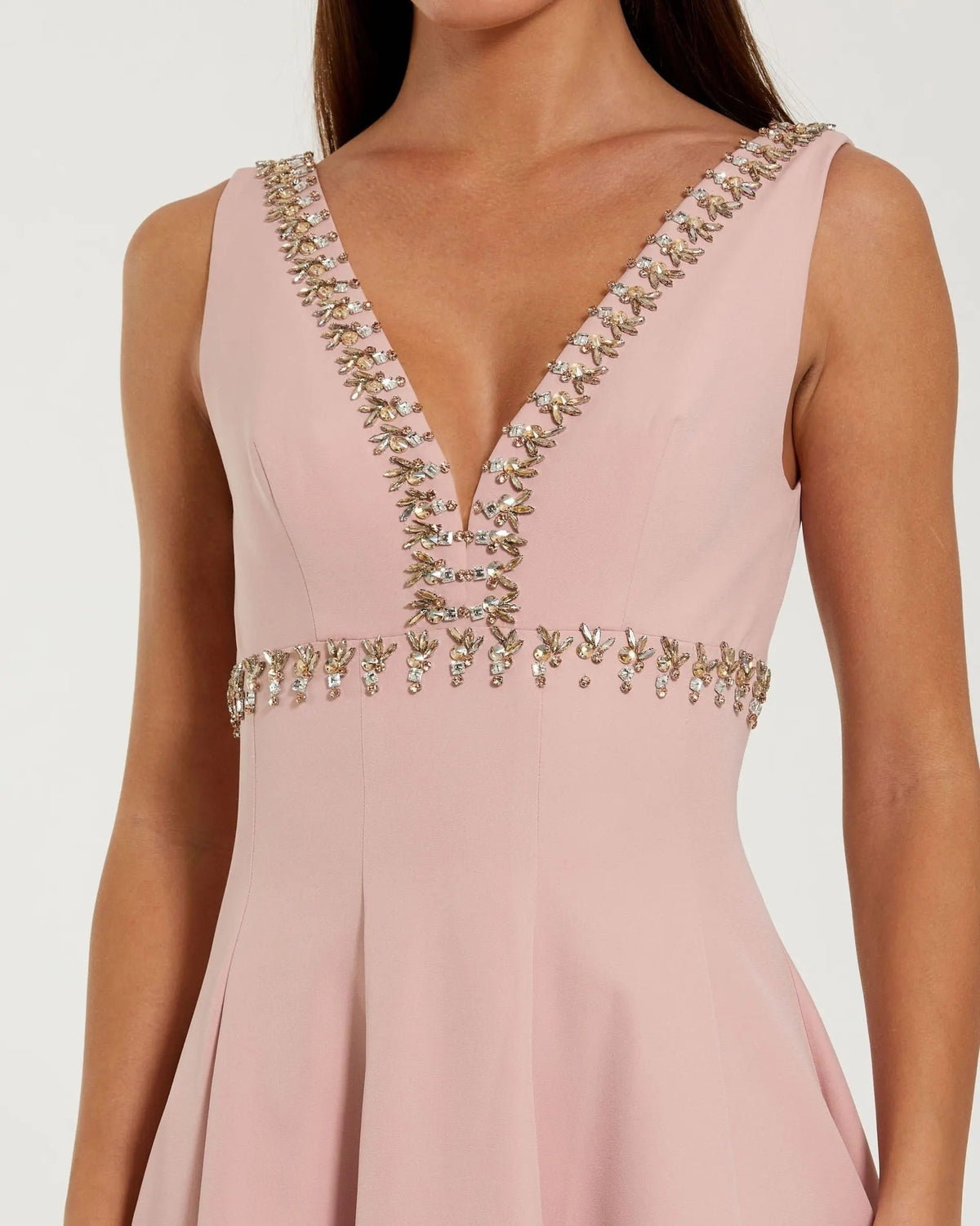 Dusty Rose Rhinestone Embellished Crepe A-Line Midi Dress
