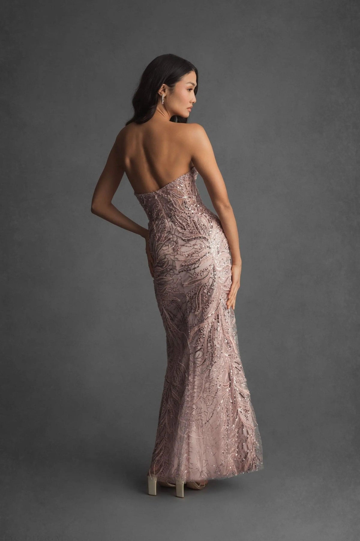 Pink Beaded Sequin Strapless Trumpet Gown