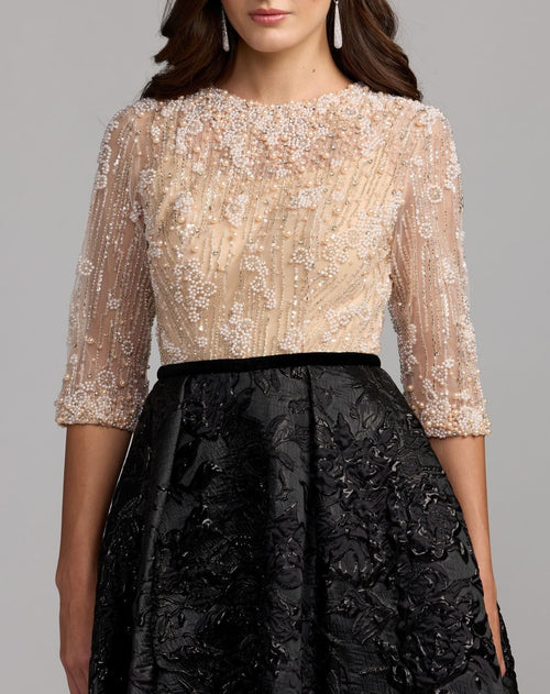 Beige and Black Embellished Brocade Gown With 3/4 Sleeves